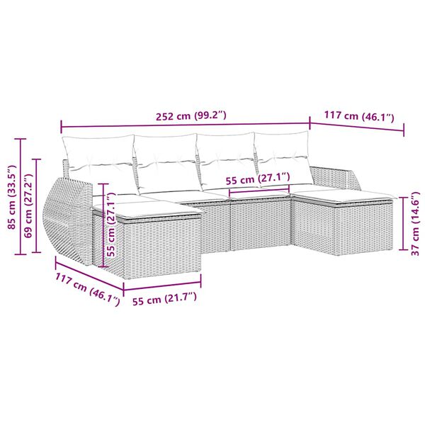 vidaXL 6-delige Loungeset met kussens poly rattan zwart