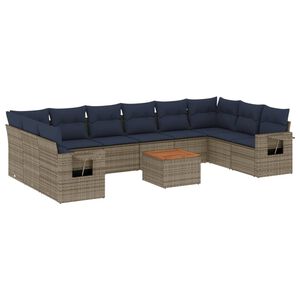 vidaXL 11-delige tuinbankset met kussens, grijs polyrotan