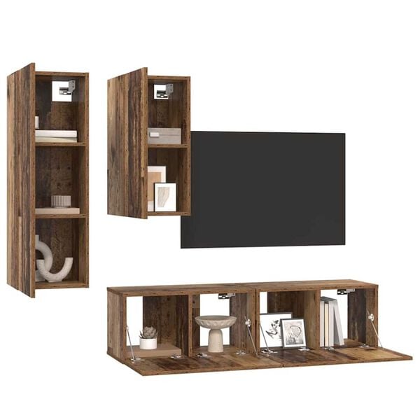 vidaXL Tv-meubelset Wandgemonteerd 4 pcs Oud Hout Bewerkt hout