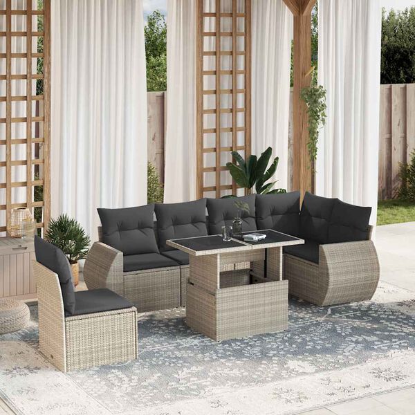 vidaXL 7-delige Loungeset met kussens poly rattan lichtgrijs