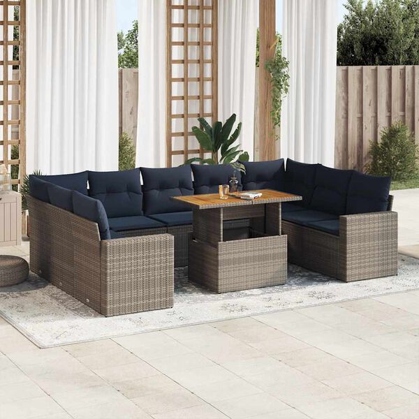 vidaXL 10-delige Loungeset met kussens poly rattan grijs