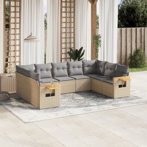 vidaXL 9-delige Loungeset met kussens poly rattan beige