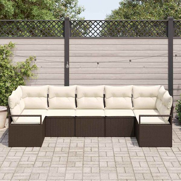 vidaXL Tuinbankenset met kussen 7 pcs Bruin en wit poly rattan