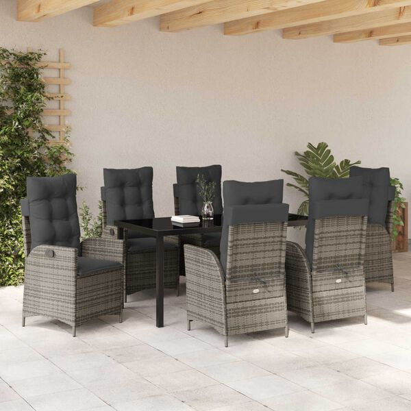 vidaXL Tuin eettafelset met kussen 7 pcs Grijs poly rattan