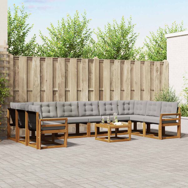 vidaXL Buiten bankenset met kussen 11 pcs Natuurlijk en Lichtgrijs