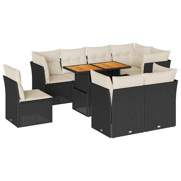 vidaXL 9-delige Loungeset met kussens poly rattan zwart