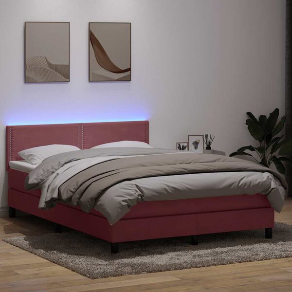 vidaXL Boxspring met matras en LED fluweel roze 140x210 cm