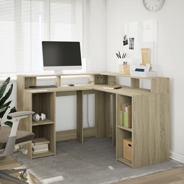 vidaXL Bureau met LED-verlichting 130x130x91 cm hout sonoma eikenkleur
