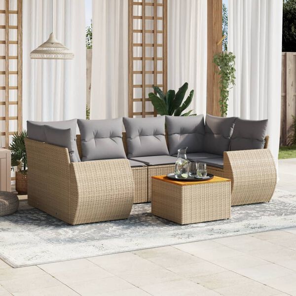 vidaXL 7-delige Loungeset met kussens poly rattan beige