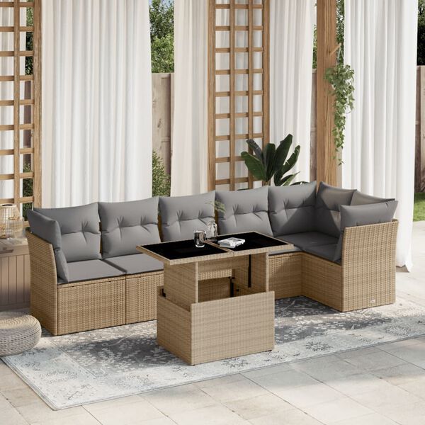 vidaXL 7-delige Loungeset met kussens poly rattan beige