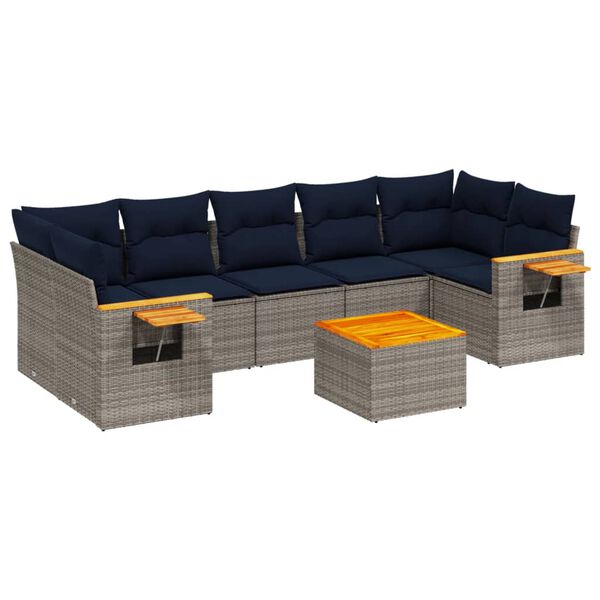 vidaXL 8-delige Loungeset met kussens poly rattan grijs