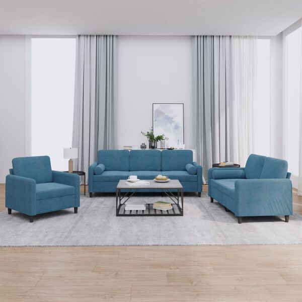 vidaXL 3-delige Loungeset met kussens fluweel blauw