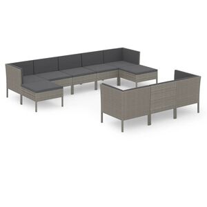 vidaXL 10-delige Loungeset met kussens poly rattan grijs