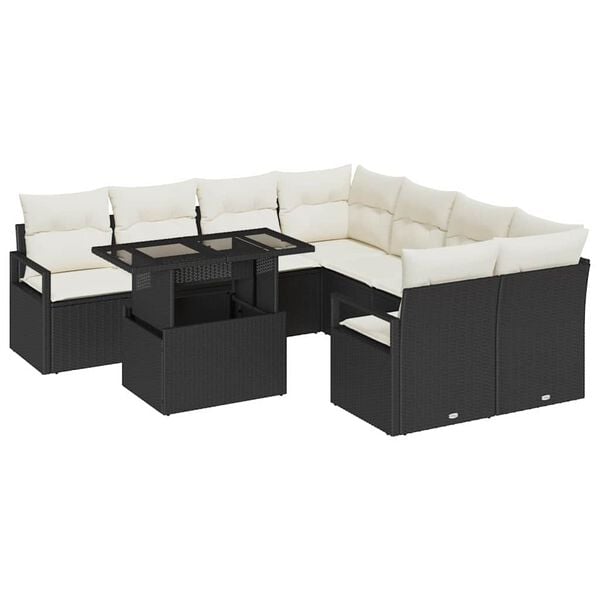 vidaXL Tuin Sofa Set met opslag 9 pcs Zwart en Cr&egrave;me poly rattan