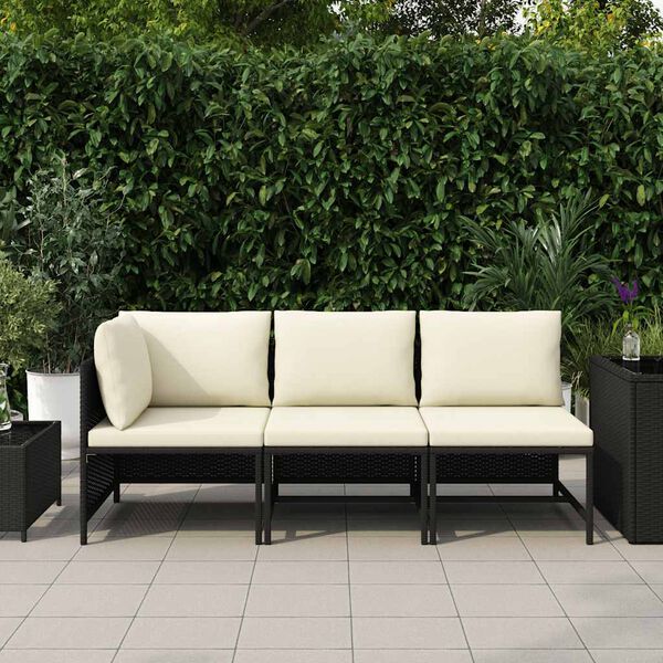 vidaXL 3-delige Loungeset met kussens poly rattan zwart