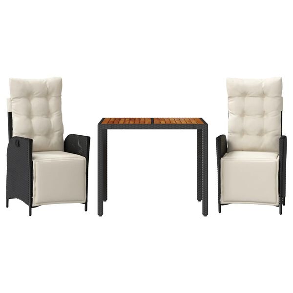 vidaXL 3-delige Tuinset met kussens poly rattan zwart