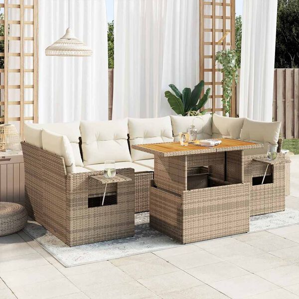 vidaXL 7-delige Loungeset met kussens poly rattan beige