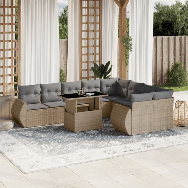 vidaXL 10-delige Loungeset met kussens poly rattan beige