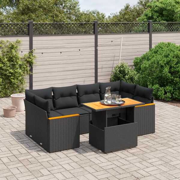 vidaXL 7-delige Loungeset met kussens poly rattan zwart