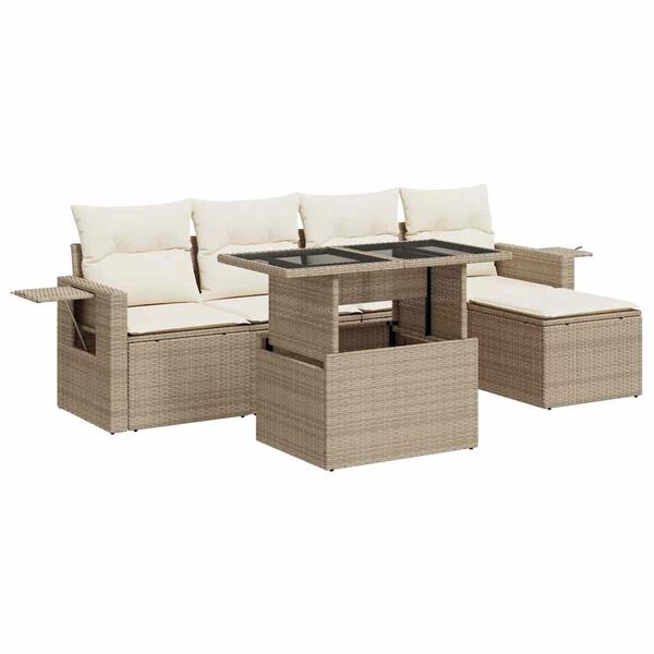 vidaXL 6-delige Loungeset met kussens poly rattan beige
