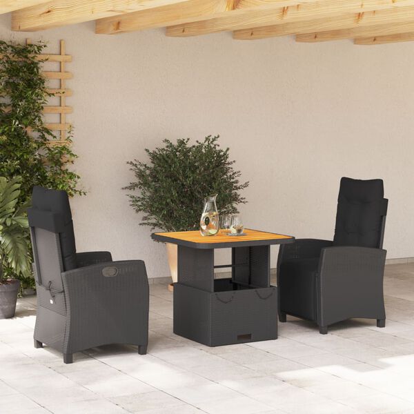 vidaXL 3-delige Tuinset met kussens poly rattan zwart