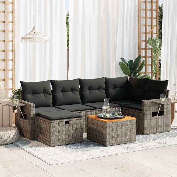 vidaXL 7-delige Loungeset met kussens poly rattan grijs