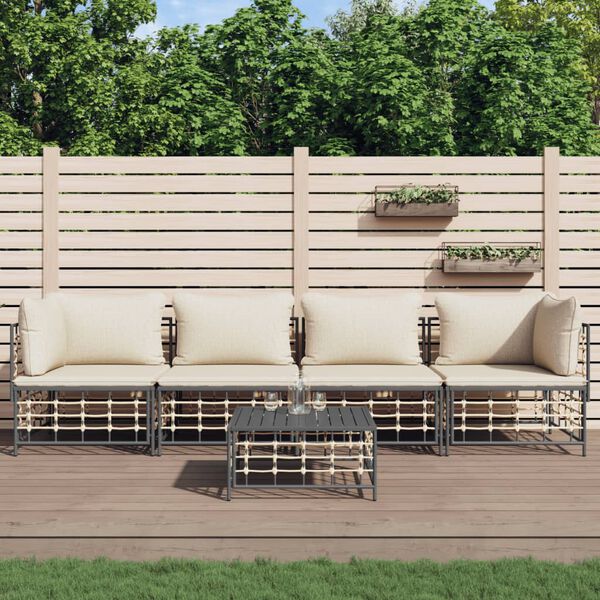 vidaXL 5-delige Loungeset met kussens poly rattan antracietkleurig