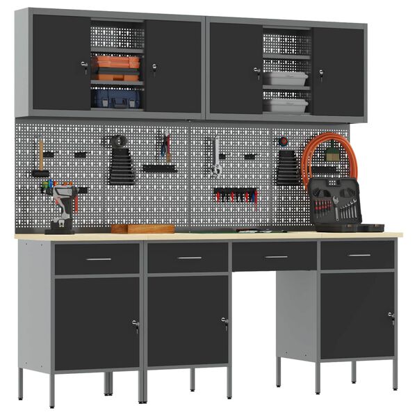 vidaXL Werk kast met lade 10 pcs Zwart Engineered hout en staal