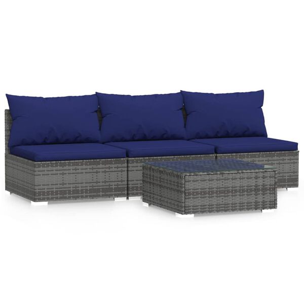 vidaXL 4-delige Loungeset met kussens poly rattan grijs