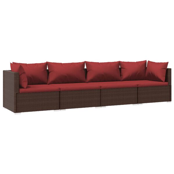 vidaXL 4-delige Loungeset met kussens poly rattan bruin