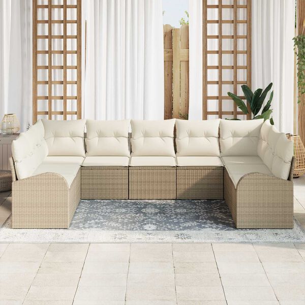 vidaXL Bankstel met kussen 9 pcs Beige Poly Rattan