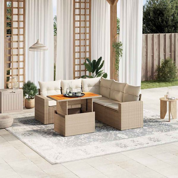 vidaXL 6-delige Loungeset met kussens poly rattan beige