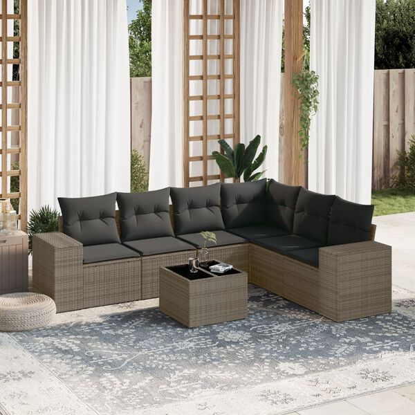 vidaXL 7-delige Loungeset met kussens poly rattan grijs