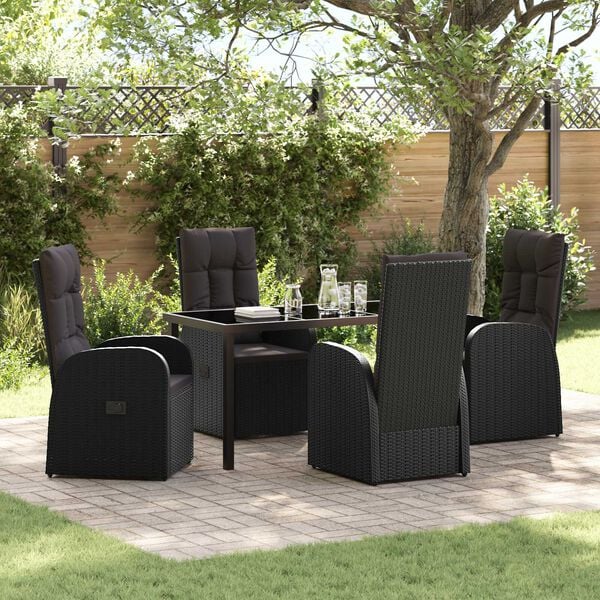 vidaXL Tuin eettafelset met kussen 5 pcs Zwart poly rattan