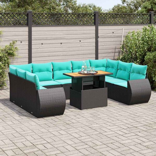 vidaXL 10-delige Loungeset met kussens poly rattan zwart
