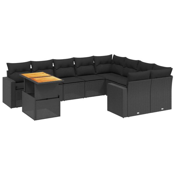 vidaXL 10-delige Loungeset met kussens poly rattan zwart