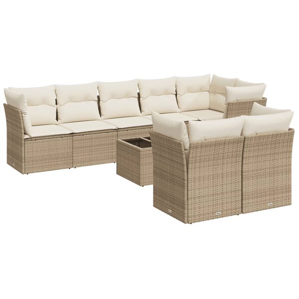 vidaXL 9-delige Loungeset met kussens poly rattan beige