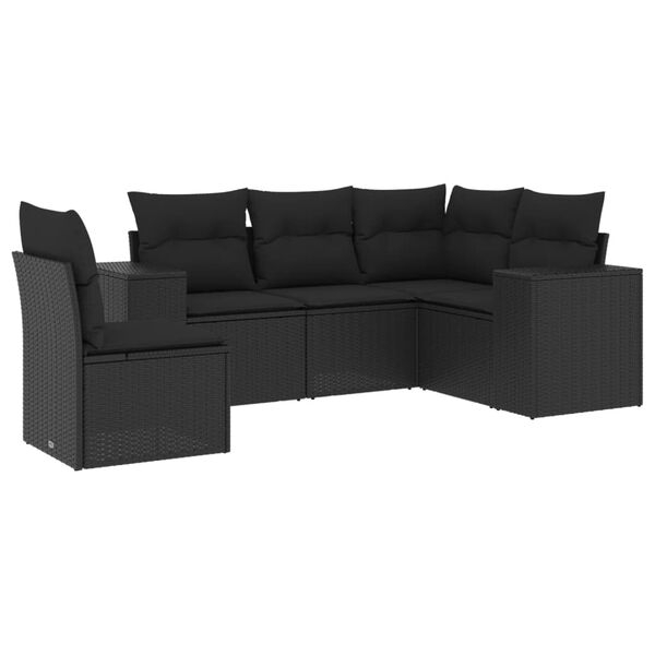 vidaXL 5-delige Loungeset met kussens poly rattan zwart