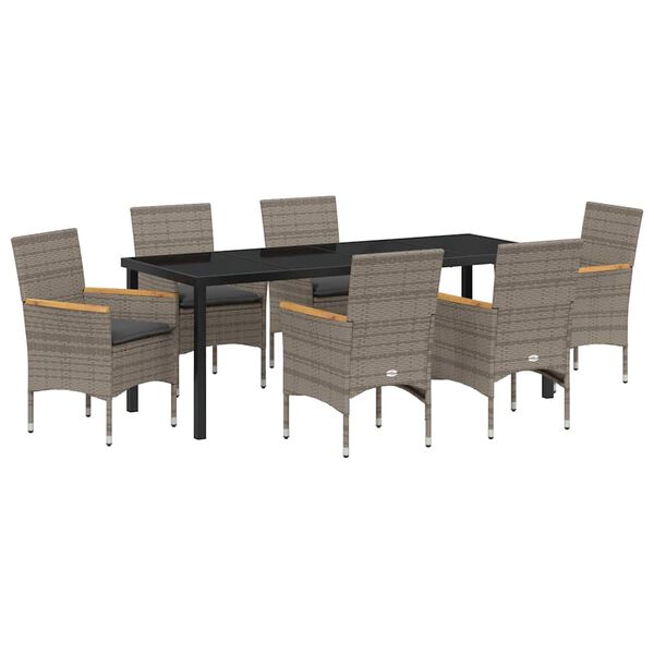 vidaXL Tuin eettafelset met kussen 7 pcs Grijs poly rattan