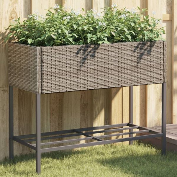 vidaXL Plantenbak met schap poly rattan grijs