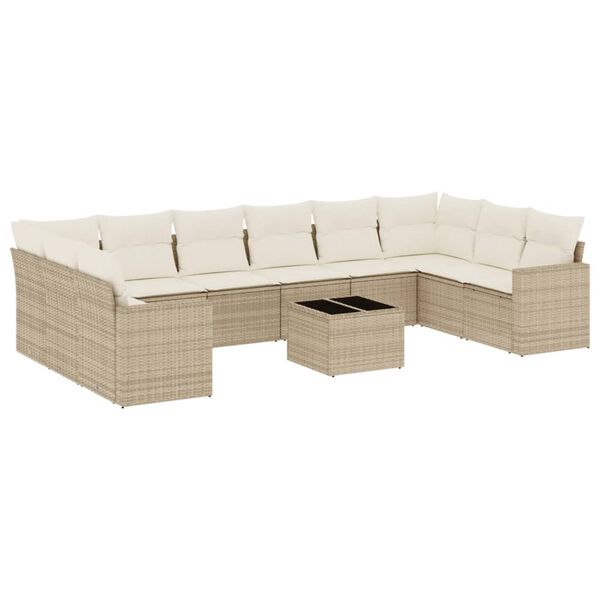 vidaXL 11-delige Tuinset met kussens poly rattan beige
