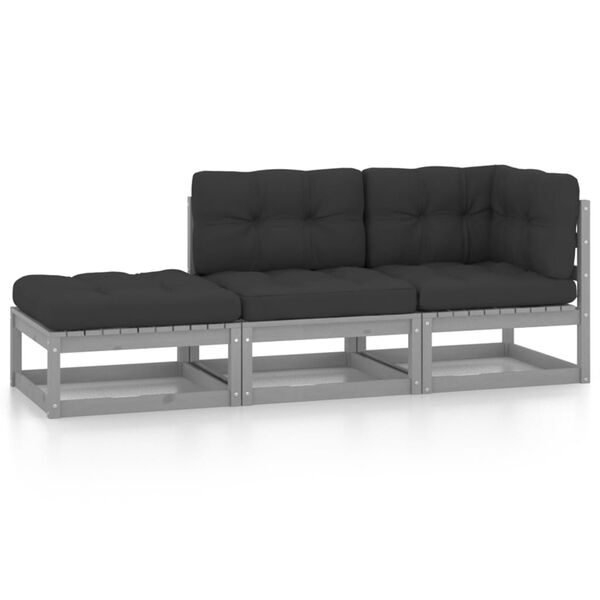 vidaXL 3-delige Loungeset met kussens massief grenenhout