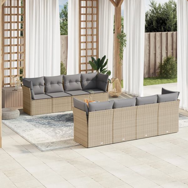 vidaXL 9-delige Loungeset met kussens poly rattan beige