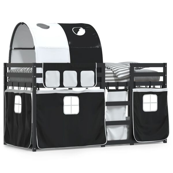 vidaXL Stapelbed met gordijnen 90x200 cm grenenhout wit en zwart