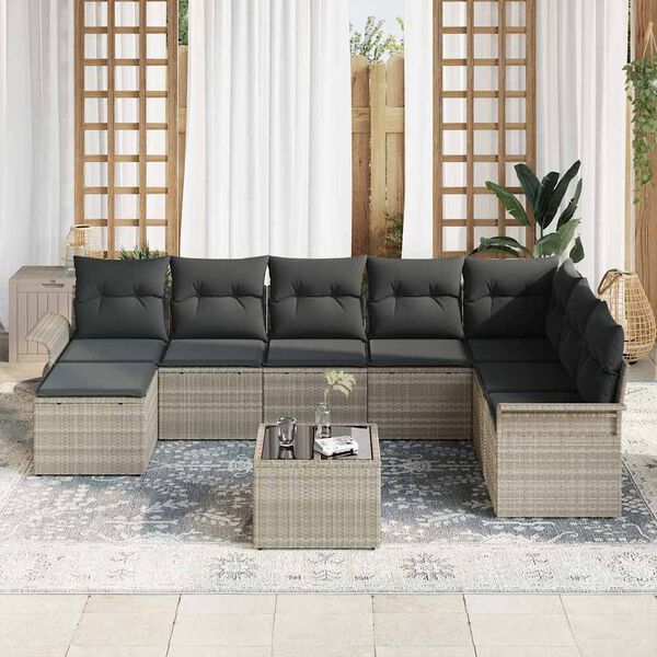 vidaXL Tuin Sofa Set met kussen 9 pcs Lichtgrijs Poly riet