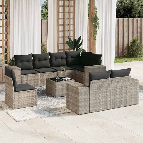 vidaXL 9-delige Loungeset met kussens poly rattan lichtgrijs