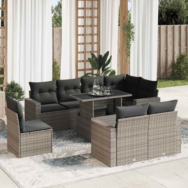 vidaXL 9-delige Loungeset met kussens poly rattan grijs