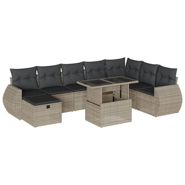 vidaXL 9-delige Loungeset met kussens poly rattan lichtgrijs
