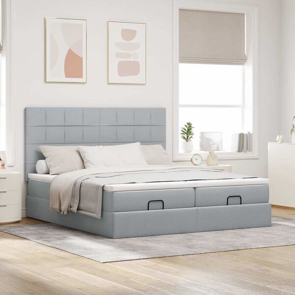 vidaXL Ottoman bed met matrassen en LED's 200x200cm stof lichtgrijs