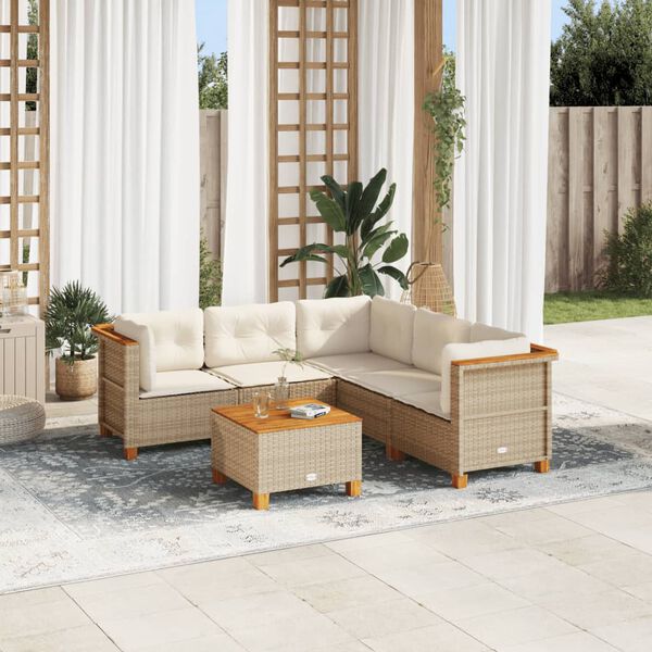 vidaXL 6-delige Loungeset met kussens poly rattan beige